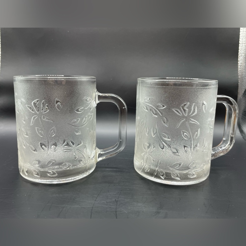 Vintage Clear Glass Mugs Embossed Rose and Vine KIG Indonesia/Set of 2